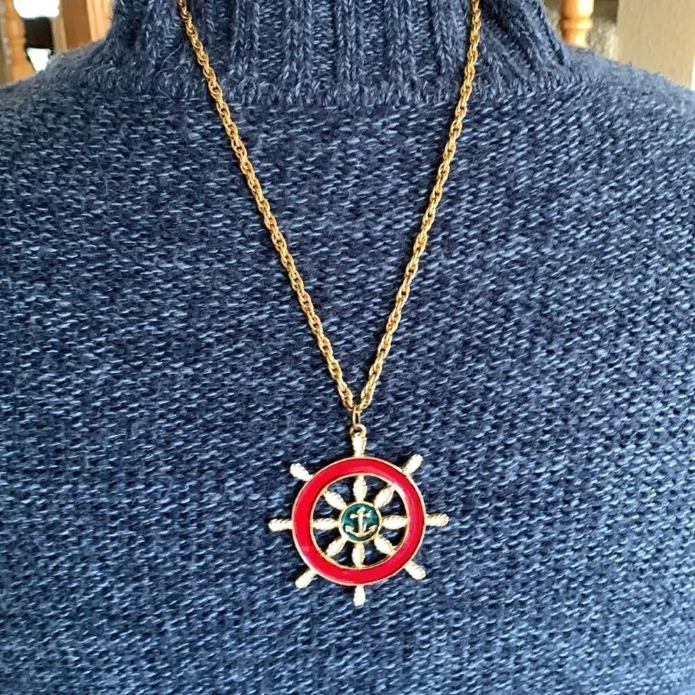 Vintage Chunky Gold Compas White Blue Nautical Costal Necklace‎ USA patriotic